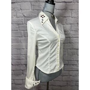 Y2K McBling Rayure Paris Rhinestone Studded Button Down Blouse
